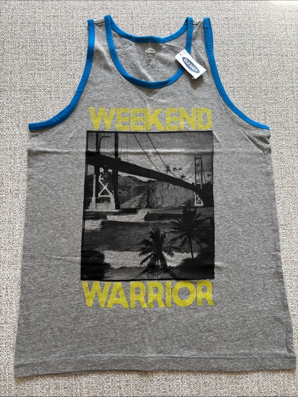 Old Navy Men's Gray Tank Top with Blue Trim and Yellow Graphic